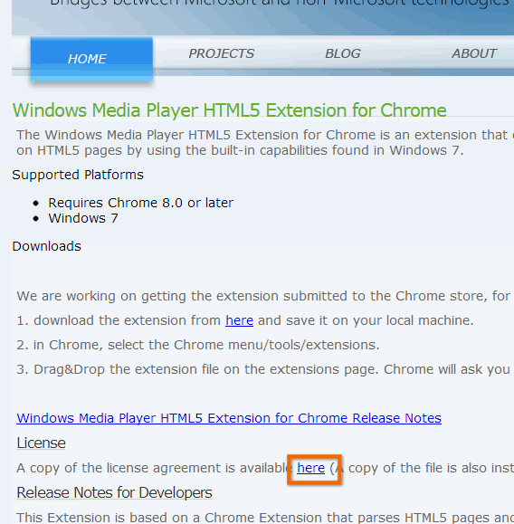 Windows Media Player HTML5 Extension for Chromeのhereをクリック